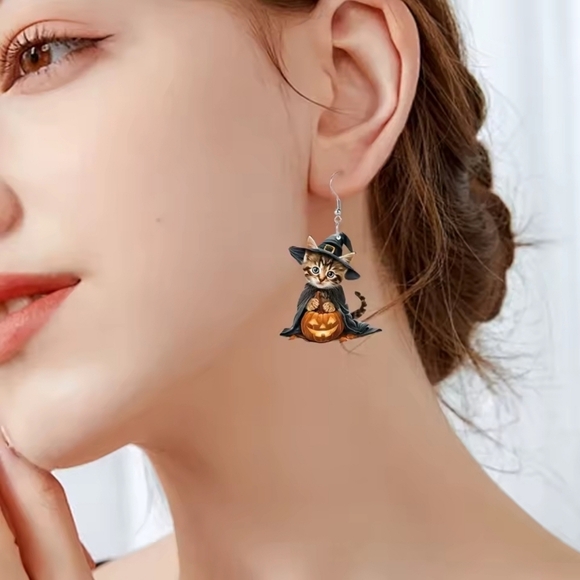 Cute Halloween Cat Witch Earrings – Acrylic Pumpkin Design - Picture 3 of 9
